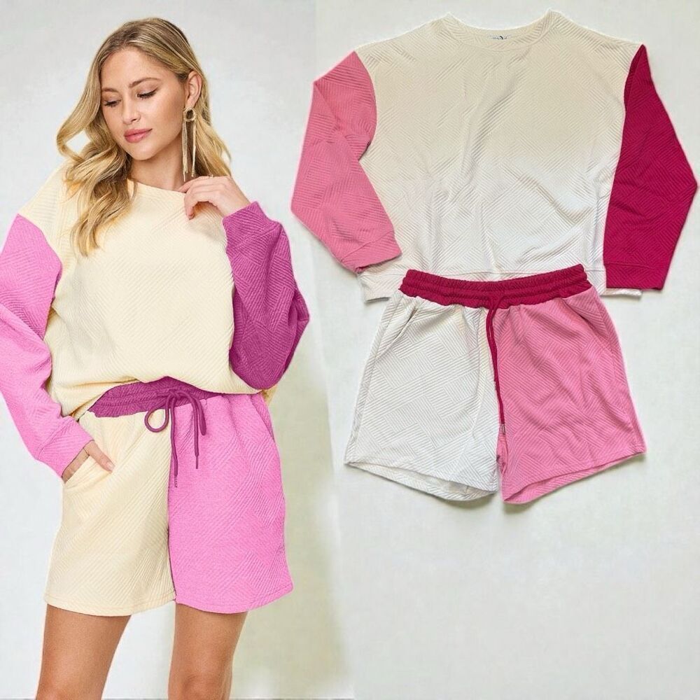 Pink Contrast Color Block Long Sleeve Top & Shorts Lounge Set NWT